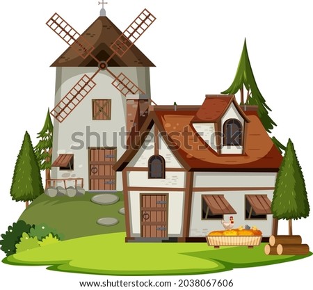 Ancient medieval village isolated on white background illustration