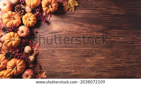 Autumn composition. Pumpkin, cotton flowers and autumn leaves on dark wooden background. Flat lay, top view with vintage style.