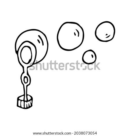 Hand drawn doodle bottle and soap bubble. Black and white clip art. Outline.
