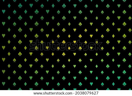 Dark green, yellow vector background with cards signs. Shining illustration with hearts, spades, clubs, diamonds. Pattern for leaflets of poker games, events.
