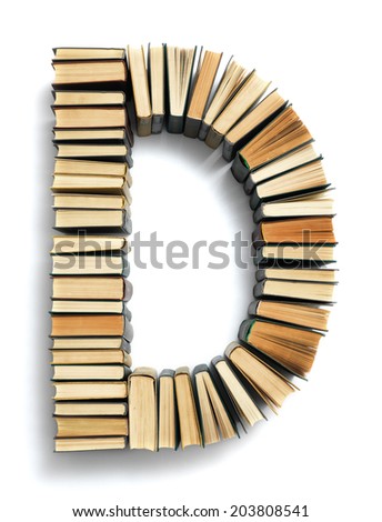 Letter D formed from the page ends of closed vintage hardcover books standing on a white background from a set or series of numbers