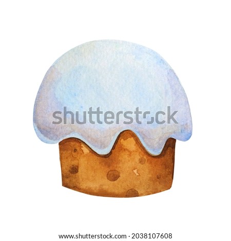 Watercolor hand drawn baked cupcake sketch muffin clip art with sugar icing glazing isolated on white background.