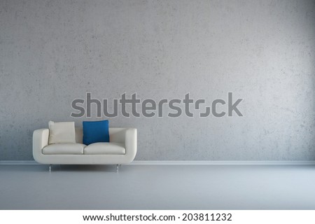 Empty white room with leather loveseat and concrete wall