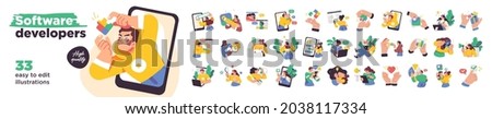 Programming Illustration Set. Different characters working on web and application development on computers. Software developers. Flat vector style illustrations. Royalty-Free Stock Photo #2038117334