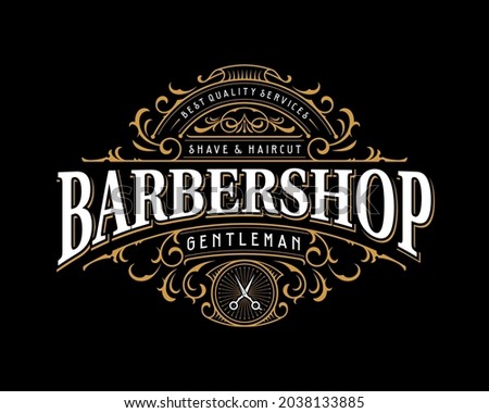 Barbershop vintage lettering logo design with flourish ornament