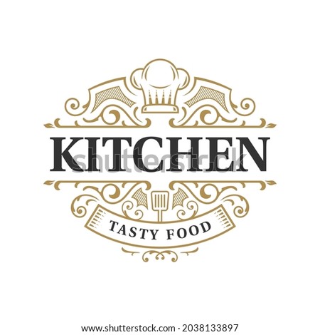 Kitchen restaurant vintage ornate typography logo design with chef hat symbol Royalty-Free Stock Photo #2038133897