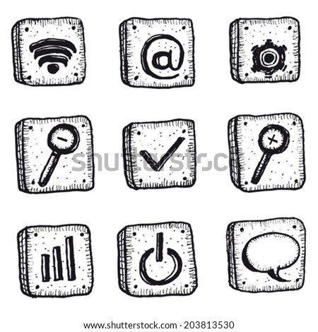 Cartoon Sketched Web Icons Set/ Illustration of a set of doodle hand drawn web, connexion and business icons elements, including email, internet, magnifying glass and options