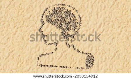 Concept conceptual stones on beach sand handmade symbol shape, golden sandy background, sign of human brain.  A 3d illustration metaphor for science, intelligence, anatomy, neurology, brainstorming