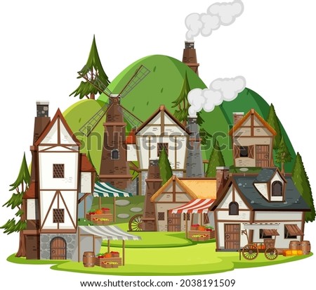Medieval village scene on white background illustration