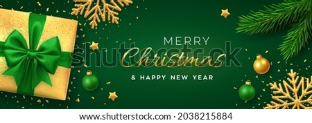 Christmas background with square paper banner, realistic green gift box with bow, pine branches, gold stars and glitter snowflake, balls bauble. Xmas background, greeting cards. Vector illustration.