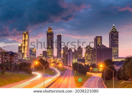 Downtown Atlanta center area skyline cityscape of  USA at twilight
