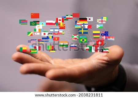 A digital concept of Global communication and international messaging, floating national flags of the world