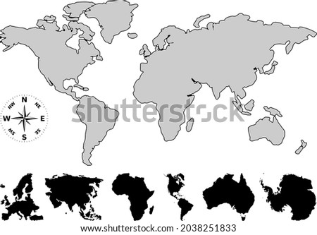 
vector clip art graphics of a contour map of the world and contour maps of all continents