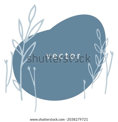 Minimalist flowers and leaves on floral banner with blot, isolated greeting or invitation card with sample inscription. Poster or label with copyspace and botany ornament. Vector in flat style