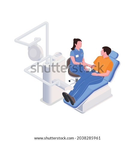 Isometric characters of patient and dentist in dental clinic room vector illustration