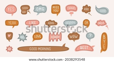 Big set of colorful cartoon speech bubbles with dialog boxes with phrases: happy, thanks, love , miss you, happy, good morning , sorry, bye, help . Modern vector illustration