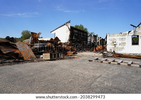 Mauston, Wisconsin USA - September 7th, 2021: Burned building from a chemical fire out in the countryside.