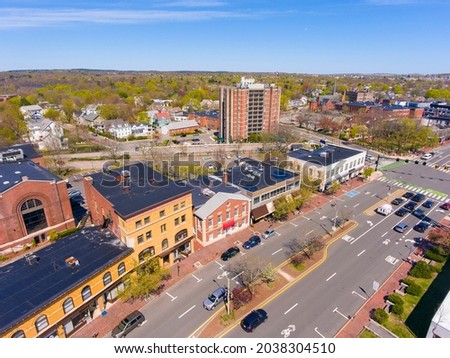 Massachusetts Avenue aerial view at Mystic Street in historic town center of Arlington, Massachusetts MA, USA. 