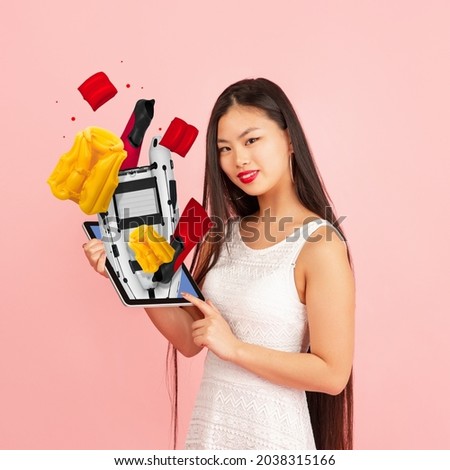 Contemporary art collage of young girl doing online shopping isolated over pink background. Delivery service. Woman bying rubber boat and vest for holiday activity. Cope space for ad