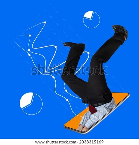 Working online. Contemporary art collage of male legs diving into phone screen isolated over blue bacground. Concept of online business, network support, teleworking. Copy space for ad