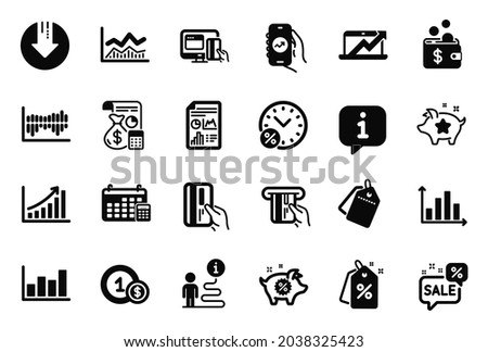 Vector Set of Finance icons related to Financial app, Accounting and Sales diagram icons. Calendar, Diagram graph and Credit card signs. Discount tags, Loyalty points and Discounts bubble. Vector Royalty-Free Stock Photo #2038325423