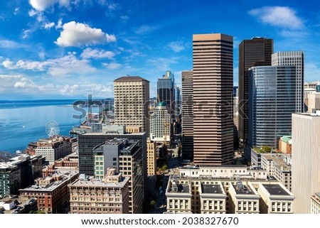 Panoramic aerial view of Seattle business district in a sunny day in Seattle, USA Royalty-Free Stock Photo #2038327670