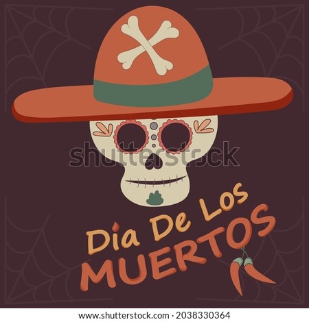 Skull in a sombrero decorated with flowers and patterns for the traditional Mexican holiday Day of the Dead, vector image on a dark background with cobwebs and chili