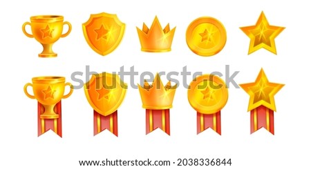Winner golden trophy vector cup illustration kit, victory game champion badge set, crown, red ribbon. UI achievement medal icons, mobile casino app design element, shield, star. Golden trophy clipart Royalty-Free Stock Photo #2038336844