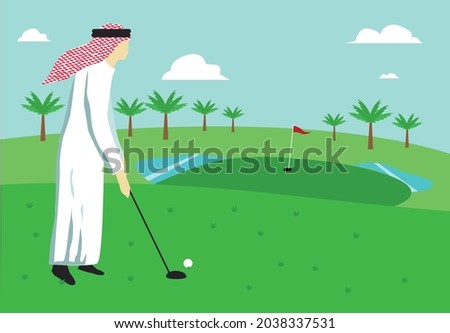 Arab Man wearing traditional cltohing playing golf. Editable Clip Art.