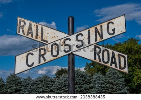 Railroad Crossing Sign (X), Lewistown Junction Train Station, Pennsylvania, USA Royalty-Free Stock Photo #2038388435