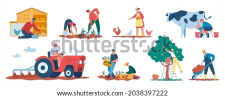 Farmers at work, agricultural workers harvesting crops, caring for animals. Farmer picking apples, collecting eggs, milking cow vector set. Characters gathering harvest and working on tractor Royalty-Free Stock Photo #2038397222