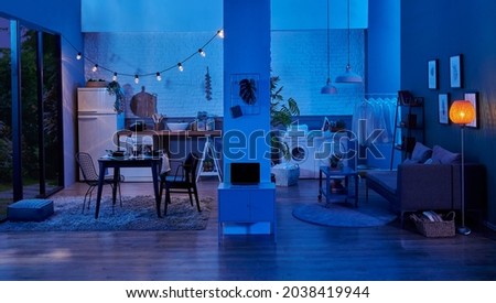 Decorative living room and kitchen style, two different place at the same home, sitting room, washing machine, refrigerator and dishwasher. Royalty-Free Stock Photo #2038419944