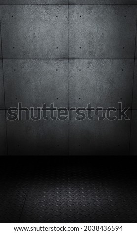 Photoshoot backdrop template, with concrete planes and metal anti slip material, floor. A background Ideal for fashion, studio photography, or advertising product pack shots