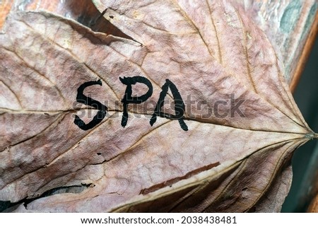 Spa written with black paint on a autumn's dried leaf 