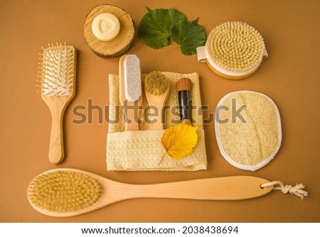 Environmentally friendly accessories brushes, combs, soap, body and hair care.  Zero waste, natural wood products and natural materials.  Photo top view.  Healthy lifestyle.