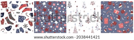 A set of seamless pattern. A cozy winter ornament with mittens, socks, mugs, cups of tea, Christmas tree branches, snowflakes, New Year's sweets, warm clothes. Figure ice skates. Vector graphics.