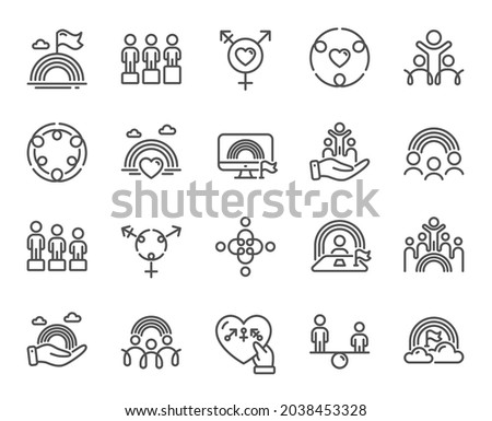 Equality, Equity and Diversity line icons. LGBT rights, Equal opportunities and respective needs icons. Inclusion, culture equity and LGBT pride flag. Diverse people equality, Gender symbol. Vector Royalty-Free Stock Photo #2038453328