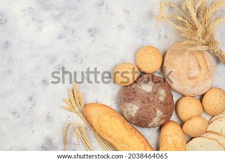 Assortment of homemade sourdough bread with crispy crust and ears of rye and wheat on gray concrete background with place for text, modern bakery concept, top view, healthy natural food