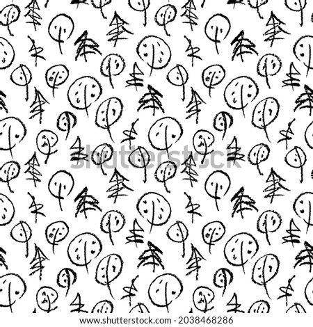 Minimalistic seamless pattern with hand drawn trees. Stylish modern pattern with doodled tree. Outlined sketchy background.