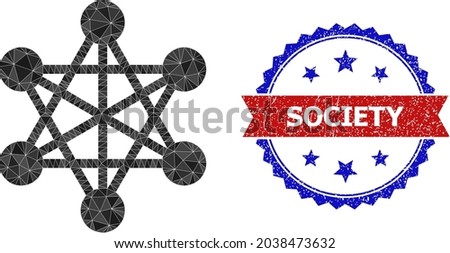Low-poly network links polygonal icon illustration, and grunge bicolor rosette seal, in red and blue colors. Collage network links is created of randomized filled triangles.
