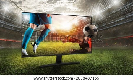 Realistic vision of a soccer game through television broadcasts Royalty-Free Stock Photo #2038487165