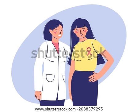 the doctor supports the patient with breast cancer. victory in the disease. illustrations in simple cartoon style
