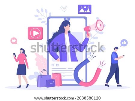 Influencer Blogger Content Creator Background of Sharing Moments at Social Networks or Making Post for Followers Can use to Poster and Web Design Template Vector Illustration Royalty-Free Stock Photo #2038580120