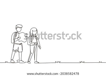 Single one line drawing little boy and girl goes camping in nature. Kids holding map, hiking, backpacks, maps, mats, compass. Family leisure concept. Modern continuous line draw design graphic vector