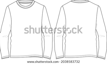 Long sleeve round neck t shirt overall technical fashion flat sketch vector illustration template front and back views isolated on white background. Cotton jersey apparel design mockup. Easy editable.