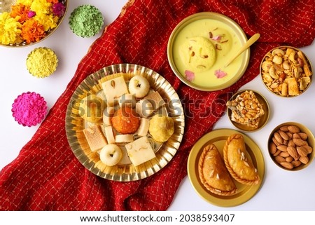 Diwali sweets Gujiya barfi Motichoor Laddu Rasmalai Indian sweet dessert mithai festival dish Dussehra Holi ganesh chaturthi Ram navami Durga puja durga ashtami Navratri Mumbai Kerala India Sri Lanka Royalty-Free Stock Photo #2038593407