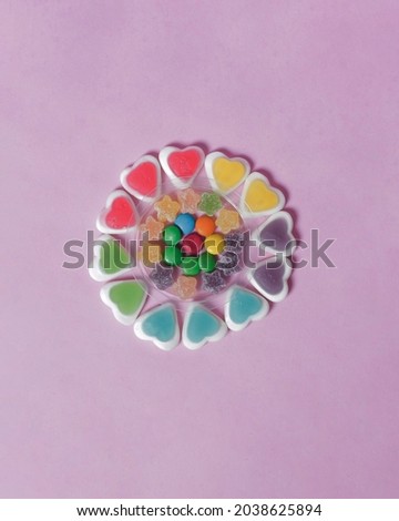 Candy of various colors and shapes. Chewy candy is loved by children to adults. This candy has a soft texture and has a sweet and sour taste. Candy mockup. Focus blur.