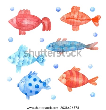 Colorful fish and bubbles set.  Hand painted watercolor illustrations isolated on white background.  Sea and ocean animals theme. Great for kids design. 