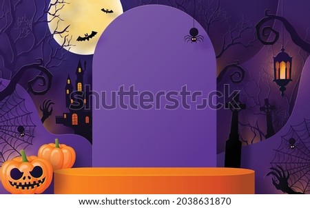 Halloween  background design with 3d Podium round, square box stage podium ghost, pumpkin, bat, lamp, gravestone, moon, night, spooky, gravestone and paper cut art elements craft style on background.
