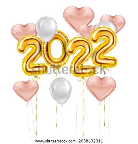 Happy New Year 2022 Gold balloons. Golden foil numerals, pink hearts balloons with, confetti, ribbons, poster, banner. Vector realistic 3D illustration